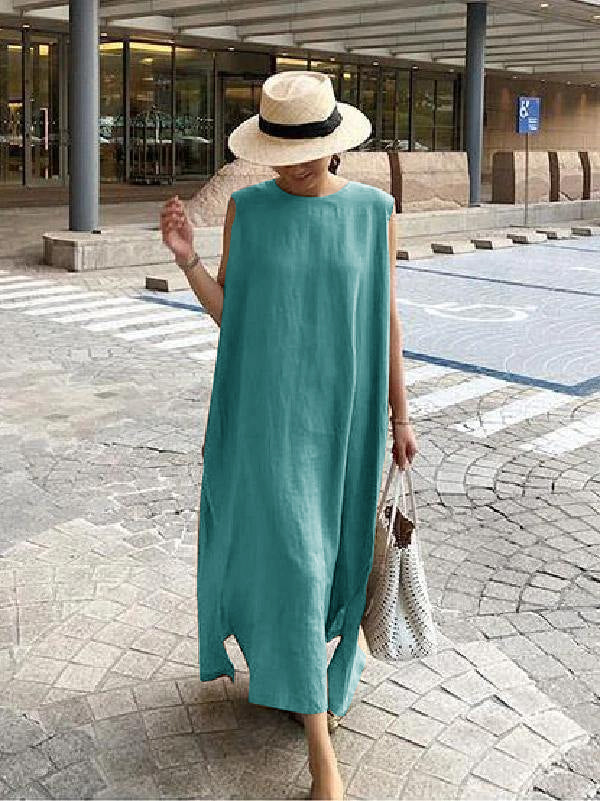 Bohemian O Neck Seite Offen Leinen Baumwolle Kleidung Stoffe Grün polka dots Kleid