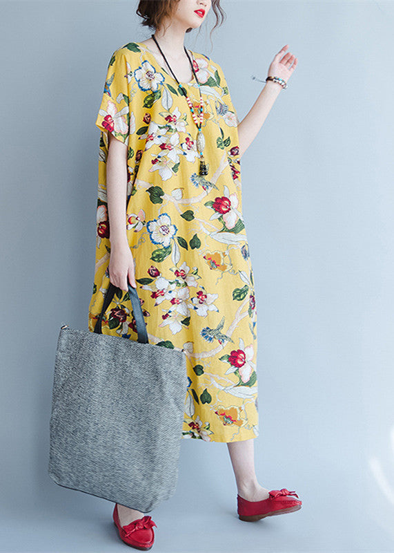 Damen gelbe Midi-Leinenkleider trendige Plus-Size-Reisekleidung Vintage-Rücken offen florale Baumwollkleider