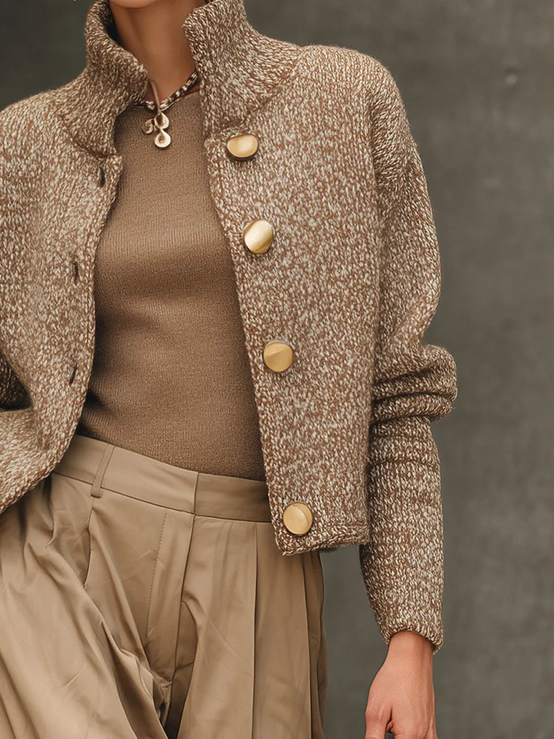 Mixed Color Knit High Collar Buttoned Cardigan