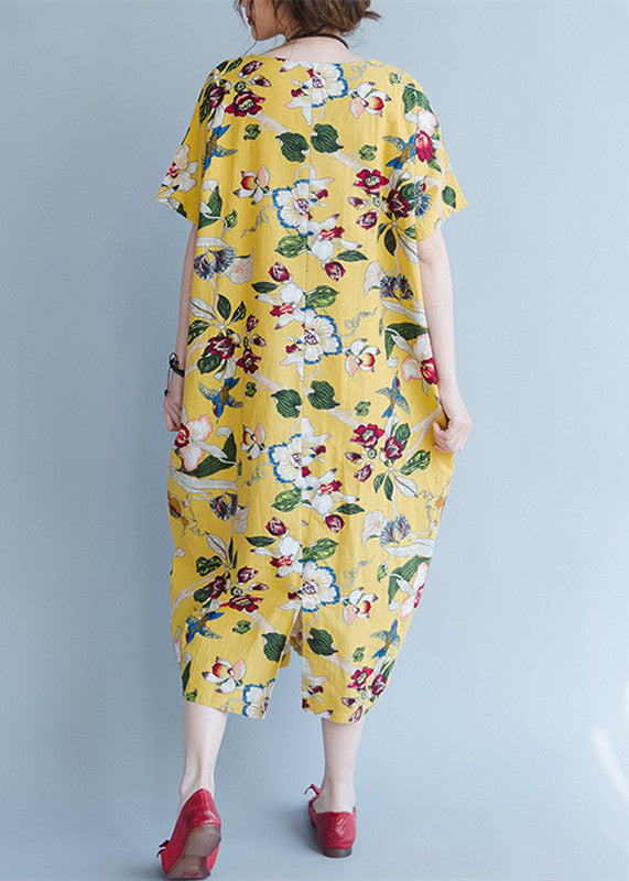 Damen gelbe Midi-Leinenkleider trendige Plus-Size-Reisekleidung Vintage-Rücken offen florale Baumwollkleider