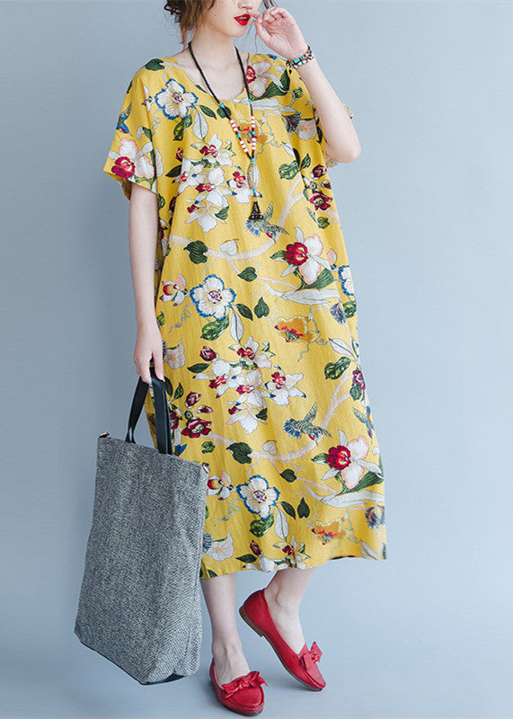 Damen gelbe Midi-Leinenkleider trendige Plus-Size-Reisekleidung Vintage-Rücken offen florale Baumwollkleider