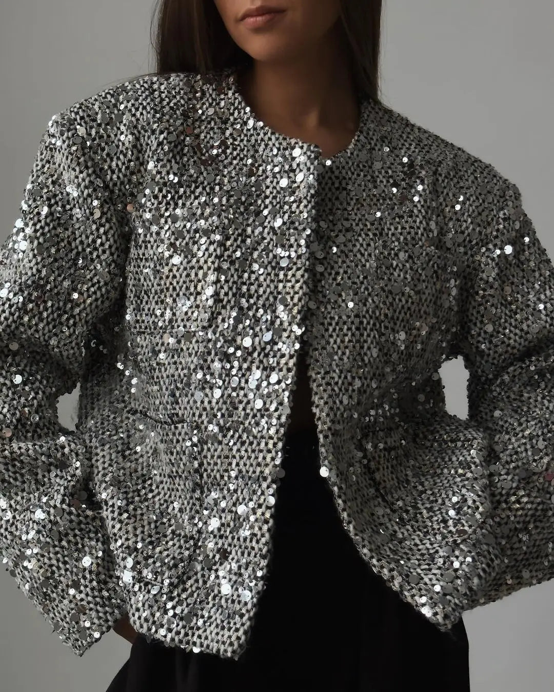 Fashionable Silver-Black Sequined Chunky Knit Oversized Top
