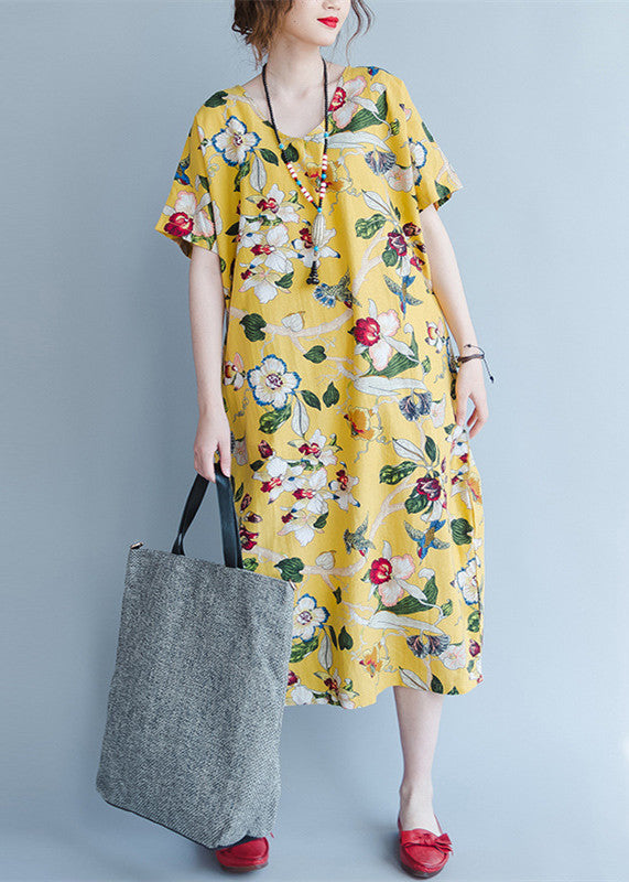 Damen gelbe Midi-Leinenkleider trendige Plus-Size-Reisekleidung Vintage-Rücken offen florale Baumwollkleider