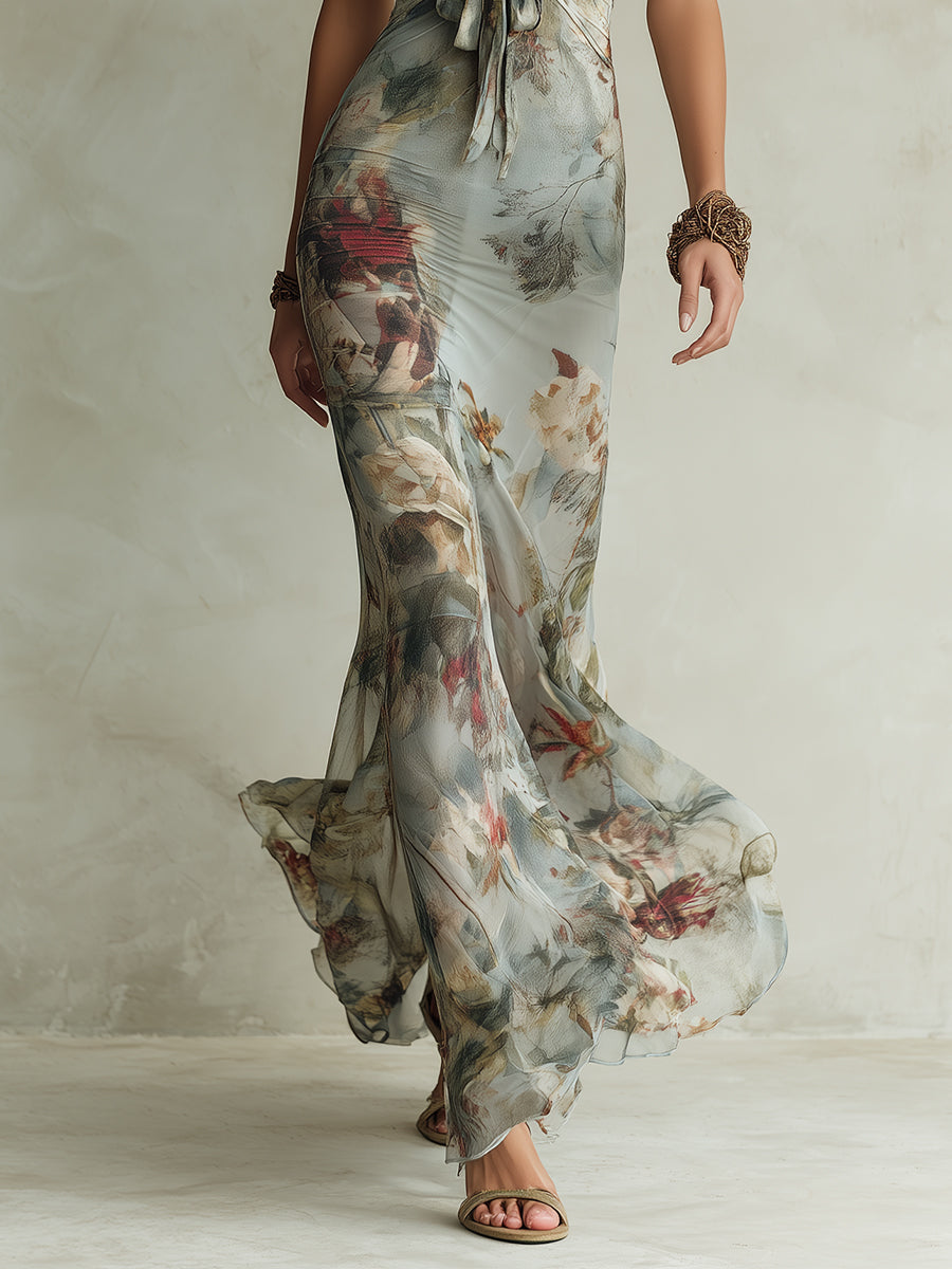 Vintage Floral Print Halter Neck Fishtail Chiffon Maxi Dress