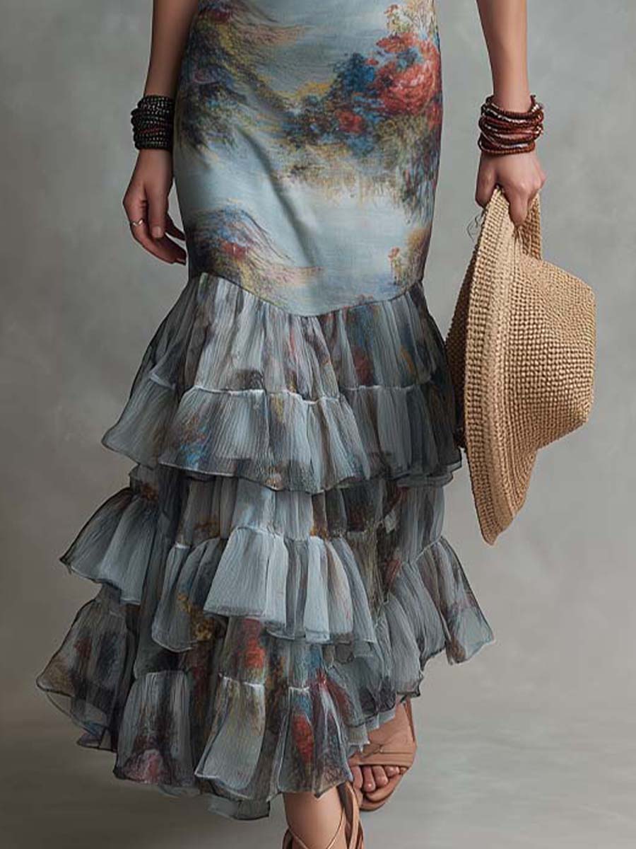 Boho-Vintage Elegant Painterly Floral Chiffon Ruffle Maxi Dress