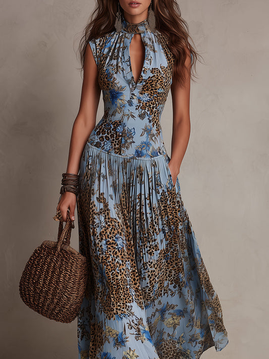 Holiday Keyhole Neckline Leopard Print Pleated Maxi Dress