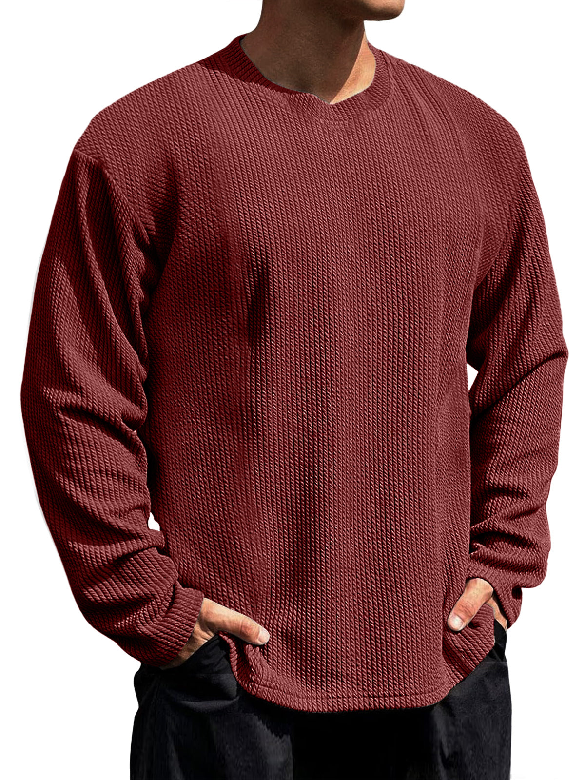Men's Casual Round Neck Vertical Stripe Solid Color Long-sleeved T-shirt