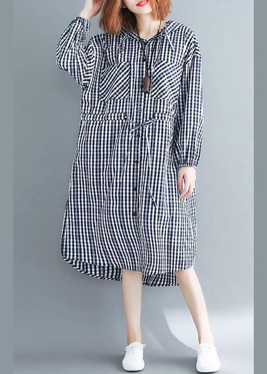 100% Black Plaid Clothes Hooded Drawstring Spring Dresses - SooLinen