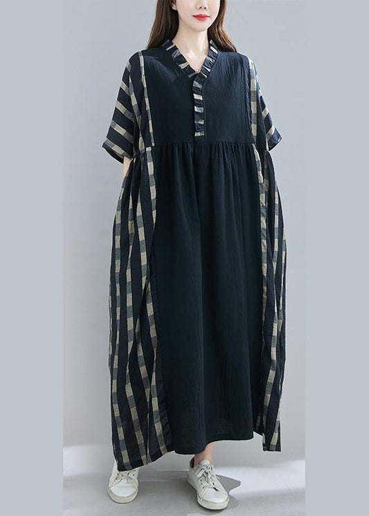 100% V Neck Patchwork Spring Clothes Sleeve Black Plaid Maxi Dress - SooLinen