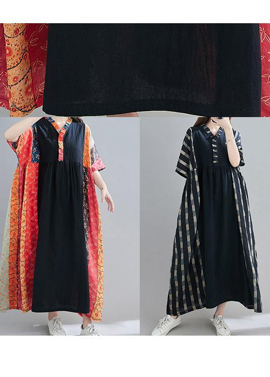 100% V Neck Patchwork Spring Clothes Sleeve Black Plaid Maxi Dress - SooLinen