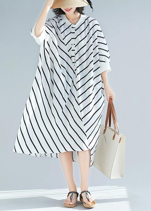 100% White Striped Tunic Dress Asymmetric Spring Dress - SooLinen