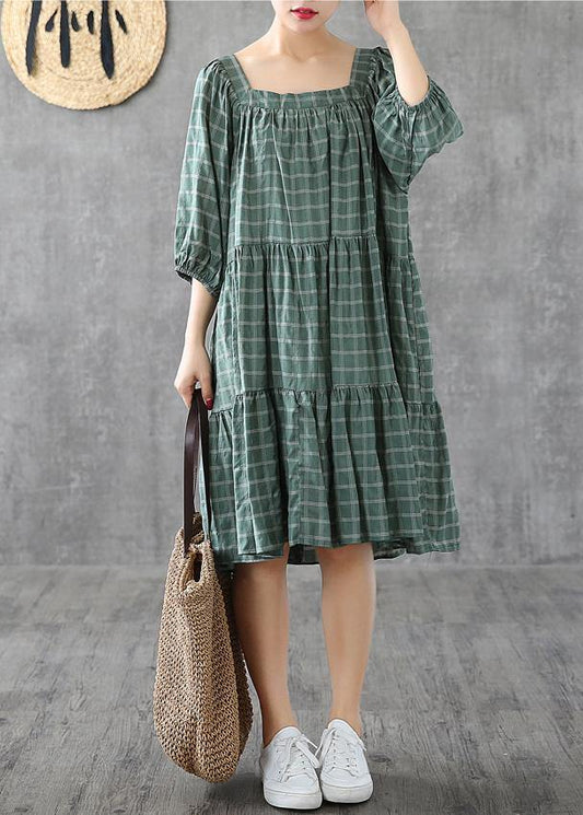 100% green plaid cotton linen Tunic Square Collar patchwork A Lin Dresses - SooLinen