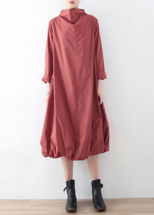 100% high neck asymmetric cotton dresses gray green Art Dress fall - SooLinen