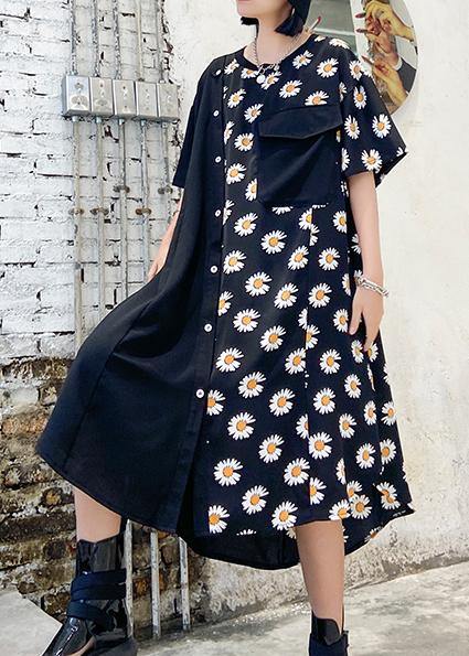 100% o neck asymmetric cotton clothes Shirts black print cotton robes Dress - SooLinen
