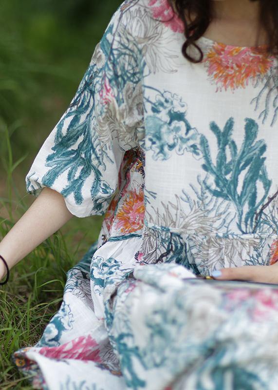 100% o neck baggy linen Robes Wardrobes white print Dress - SooLinen