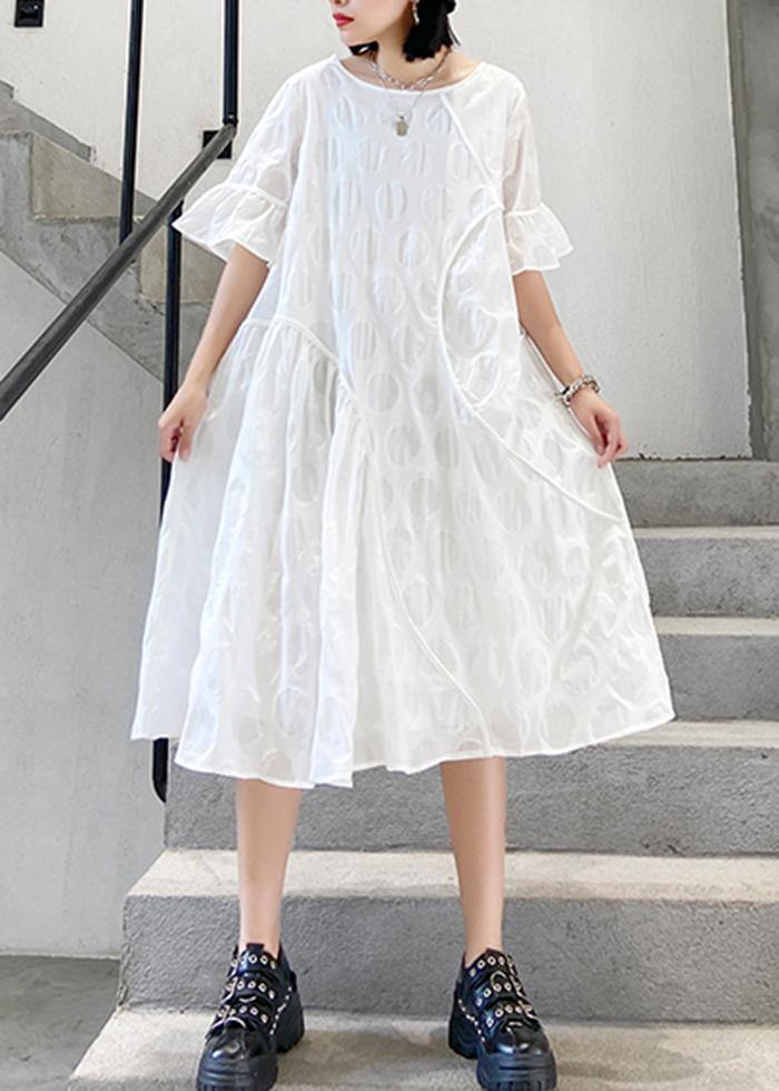 100% o neck flare sleeve cotton tunics for women Fabrics white dotted Dresses - SooLinen