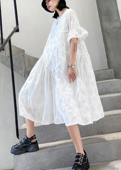 100% o neck flare sleeve cotton tunics for women Fabrics white dotted Dresses - SooLinen