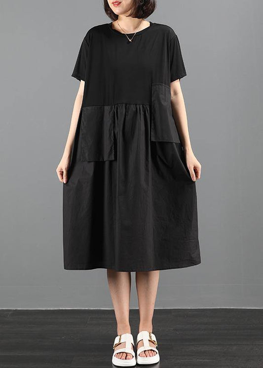 100% o neck patchwork clothes Catwalk black loose Dresses - SooLinen