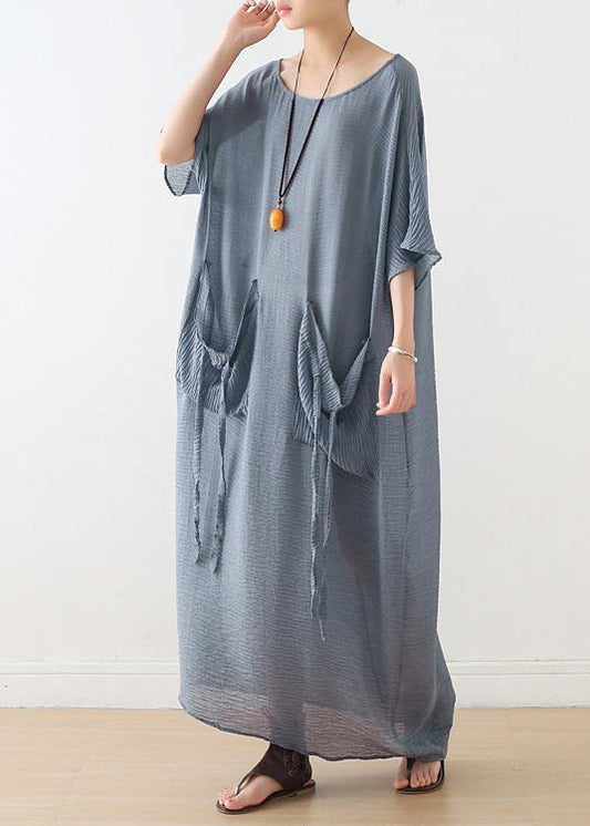 100% o neck pockets cotton clothes For Women Sewing light blue cotton robes Dress - SooLinen