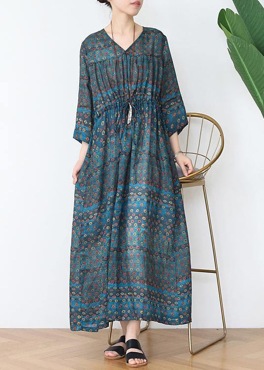 100% v neck drawstring dress pattern green dotted Robe Dress - SooLinen