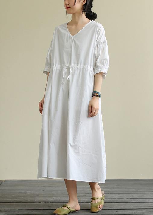 100% white cotton tunic pattern v neck drawstring Maxi Dress - SooLinen