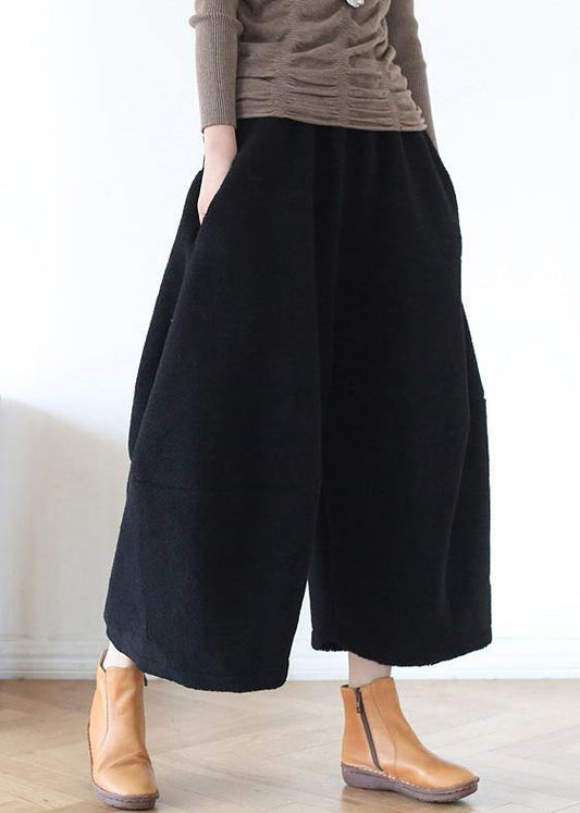 100% wide leg pants stylish black elastic waist trousers - SooLinen