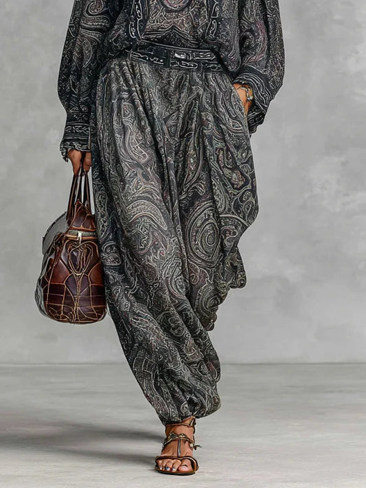Vintage Paisley Print Long Sleeve Shirt Trousers Two-piece Set