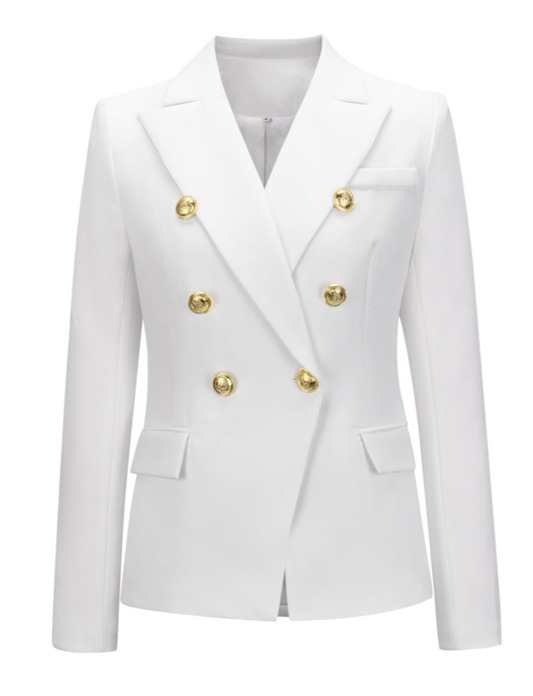 Commuter Cream Double-Breasted Gold-Buttoned Waist-Defining Blazer