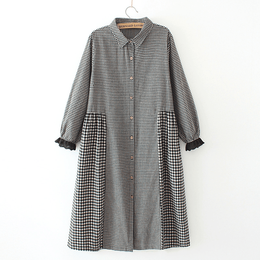 Oversize patchwork cotton Dresses Wardrobes Tunic Tops yellow plaid Dress - SooLinen