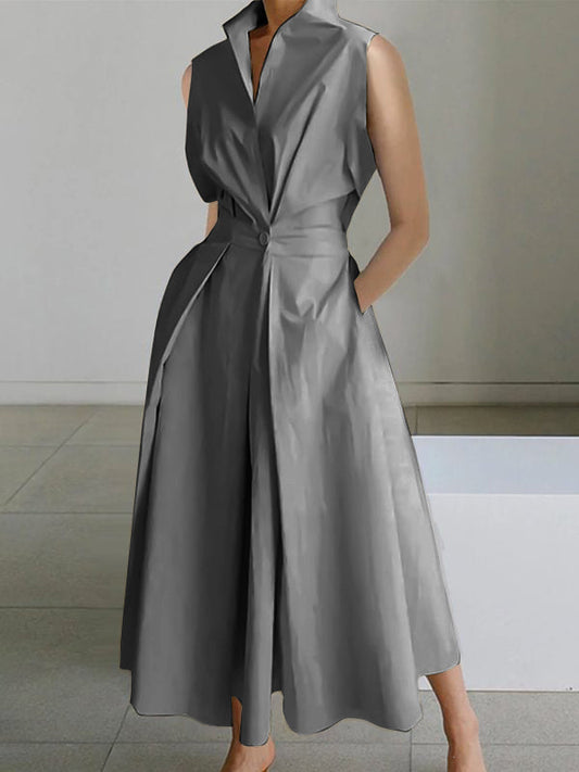 2024 Hellgrünes Baumwollkleid mit Peter-Pan-Kragen und Taschen, ärmellos