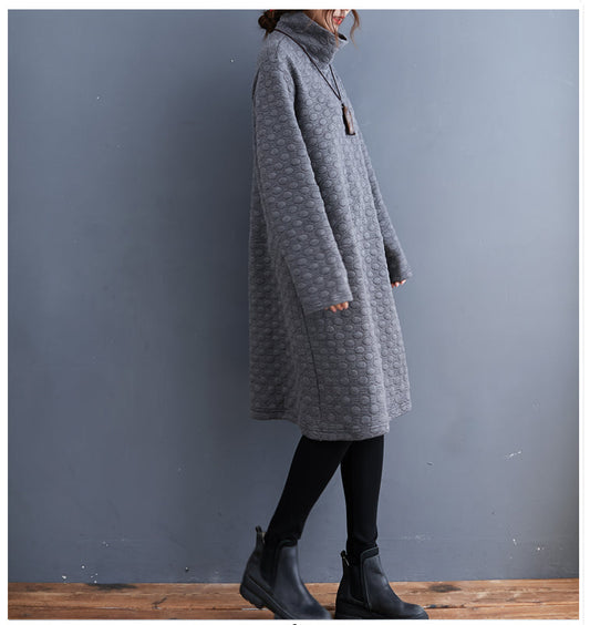 Neu Oversize Baumwolle Kleidung Kleider Vintage Langarm Rollkragen Taschen Casual Kleid