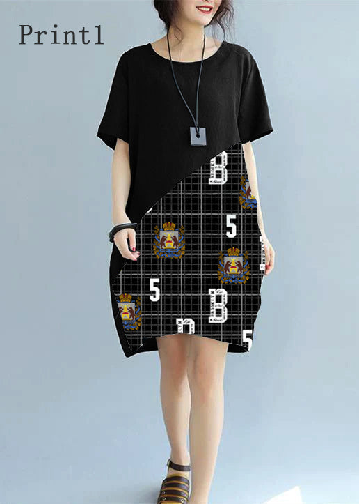 feines schwarzes Patchwork-Leinen-Etuikleid Locker sitzendes Baumwollkleid Elegante kurzärmelige Kniekleider mit Wildprint