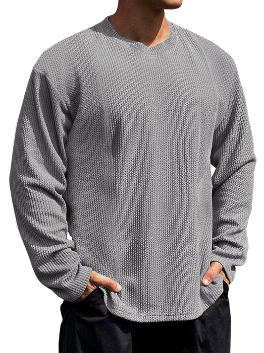 Men's Casual Round Neck Vertical Stripe Solid Color Long-sleeved T-shirt