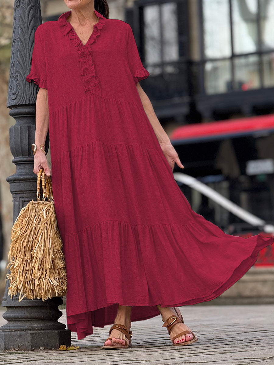 Ruffle Collar Cotton Linen Pocket Dress