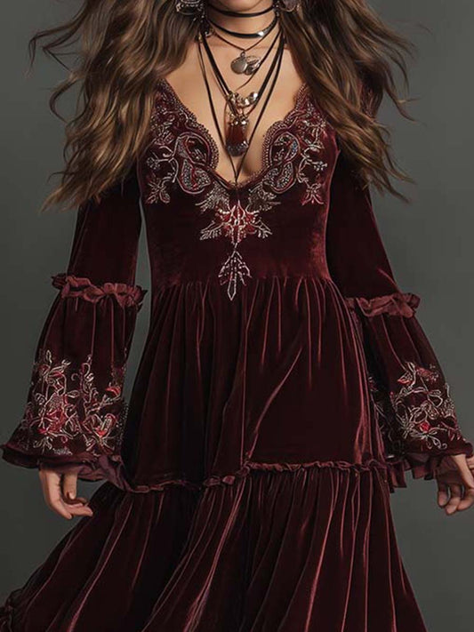 Velvet Bohemian Embroidered Maxi Dress