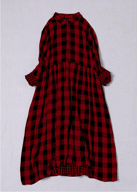 Böhmische rot-weiß karierte Peterpan-Kragentaschen mit Knopfleiste, Patchwork-Kleider für den Herbst