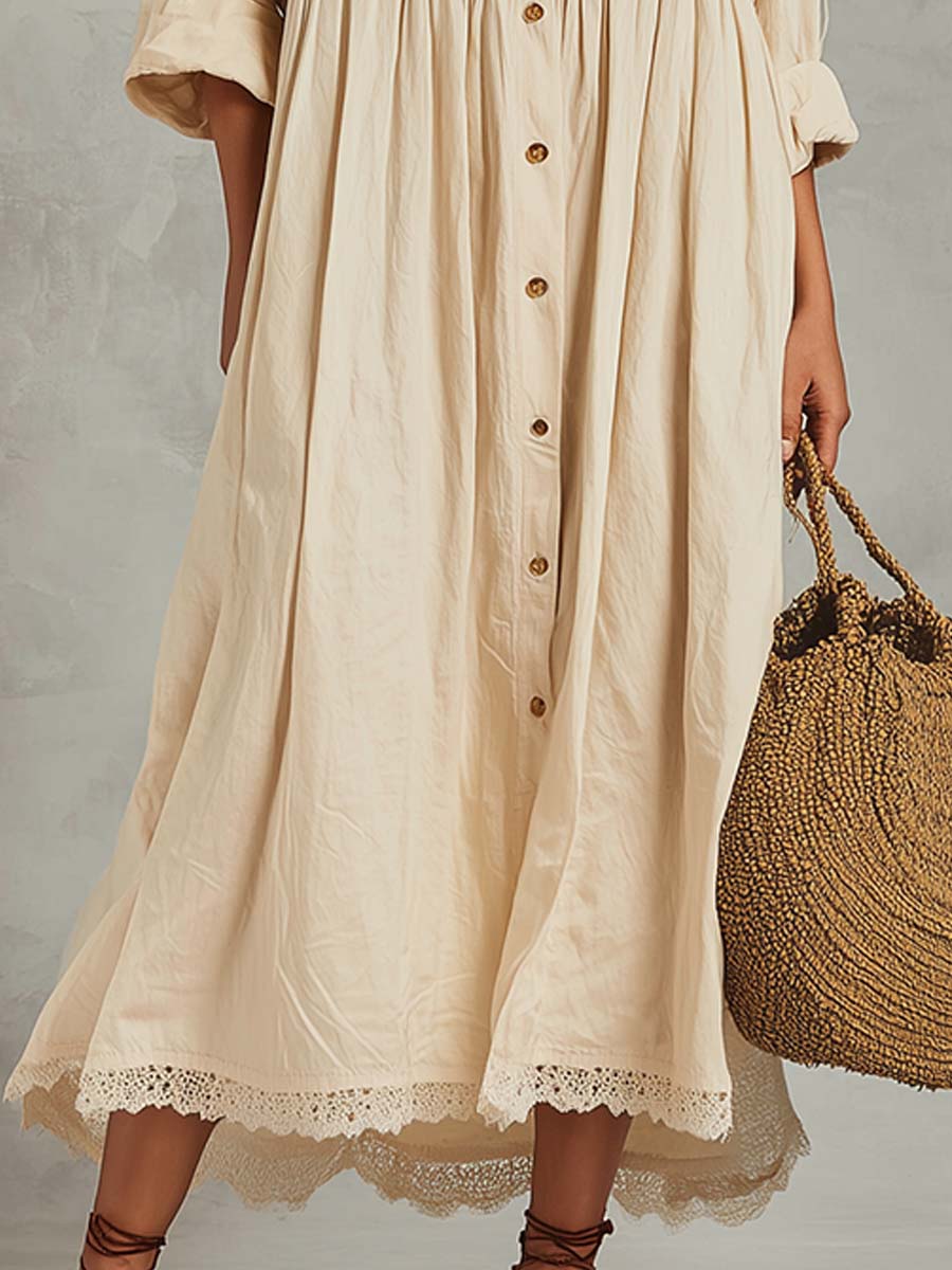 Embroidered Cotton-Linen Button Midi Dress