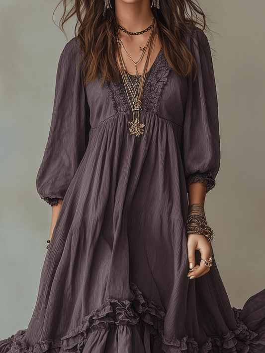 Flowy Vintage Boho Soft Ruffle Hem Tiered Maxi Dress