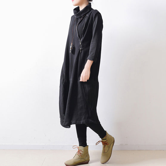 2024 autumn black shoulder zipper linen dresses cotton patchwork caftans plus size gowns