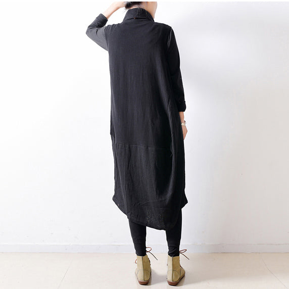 2024 autumn black shoulder zipper linen dresses cotton patchwork caftans plus size gowns