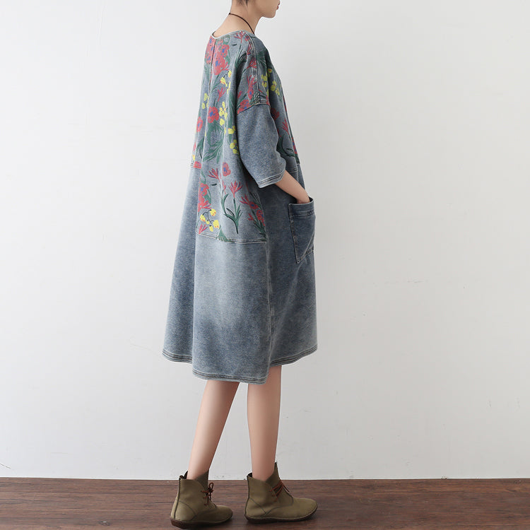 2024 Herbst Oversize Denim Kleider Blühende Blumen Casual Denim Shirts
