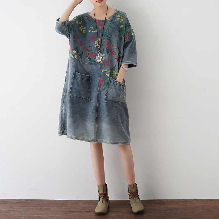 2024 Herbst Oversize Denim Kleider Blühende Blumen Casual Denim Shirts