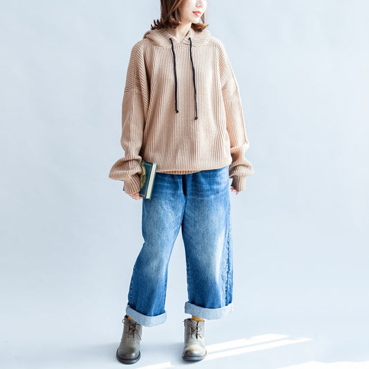 2024 Herbst dicke khakifarbene Baumwollpullover in Übergröße mit Kapuze und Laternenärmeln