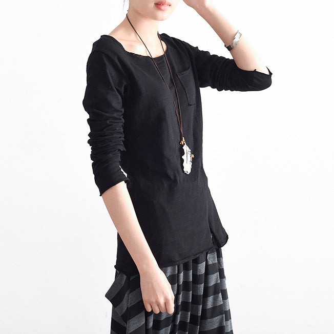 2024 herbst tunika baumwolle shirts schwarz langarm frau tops bluse seite offen
