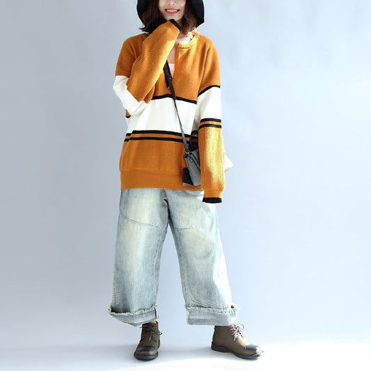 2024 Herbst gelb weiß Patchwork Baumwolle gestrickte Tops Plus Größe Hals vorne offen Pullover