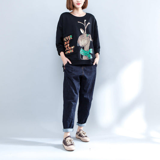 2024 schwarz cartoon print mode baumwolle tops oversize o neck t shirt seite offen