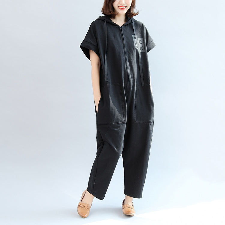 2024 schwarze lässige Baumwoll-Kurzarm-Tops mit Kapuze und Jumpsuit-Jeans