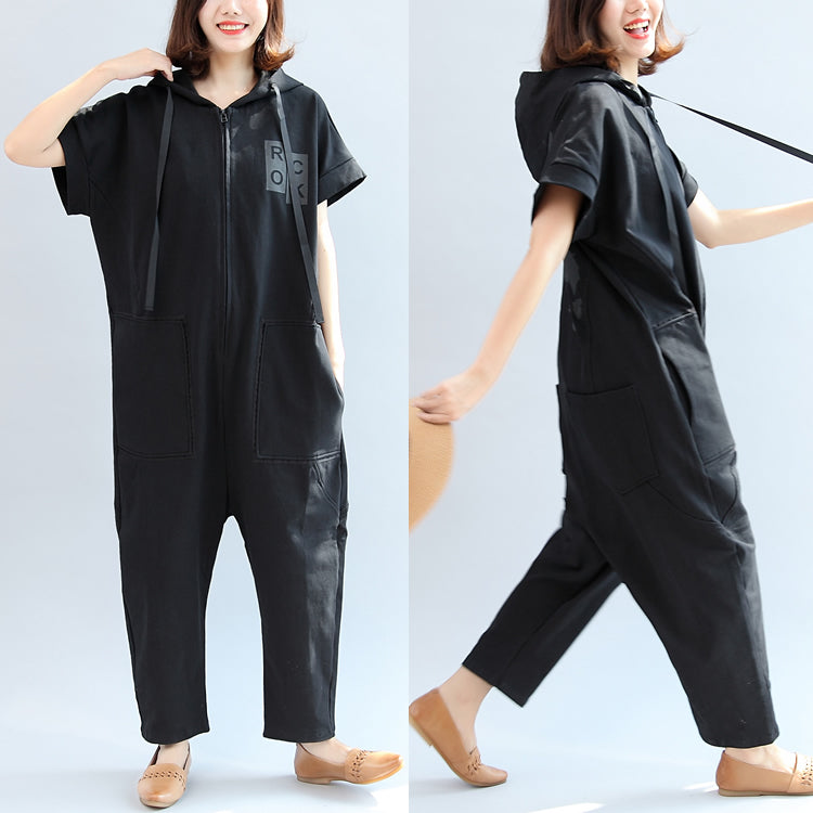 2024 schwarze lässige Baumwoll-Kurzarm-Tops mit Kapuze und Jumpsuit-Jeans