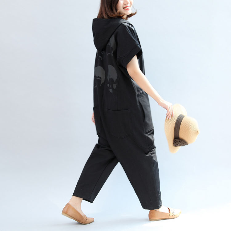 2024 schwarze lässige Baumwoll-Kurzarm-Tops mit Kapuze und Jumpsuit-Jeans