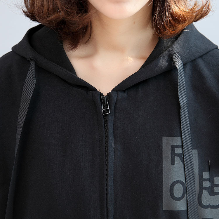 2024 schwarze lässige Baumwoll-Kurzarm-Tops mit Kapuze und Jumpsuit-Jeans